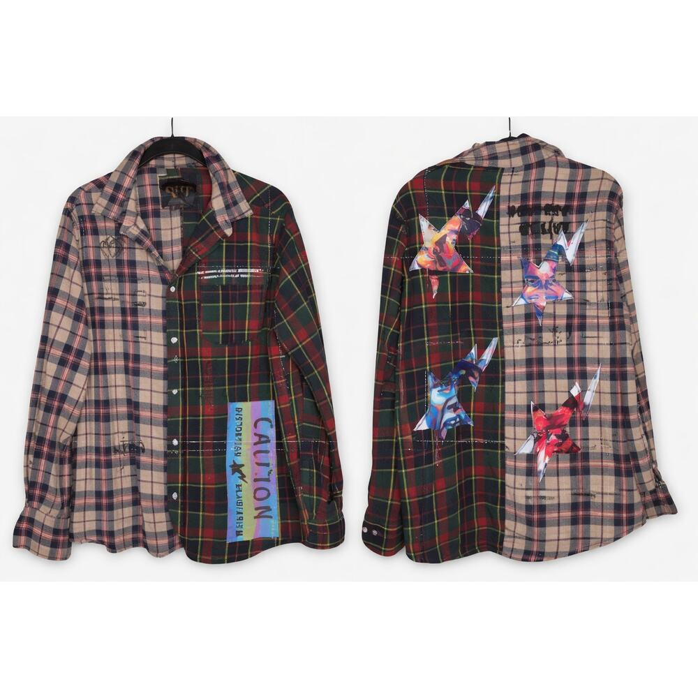 Kleep Half & Half Patchwork Plaid Flannel Button Down Shirt Red Green Men's Med